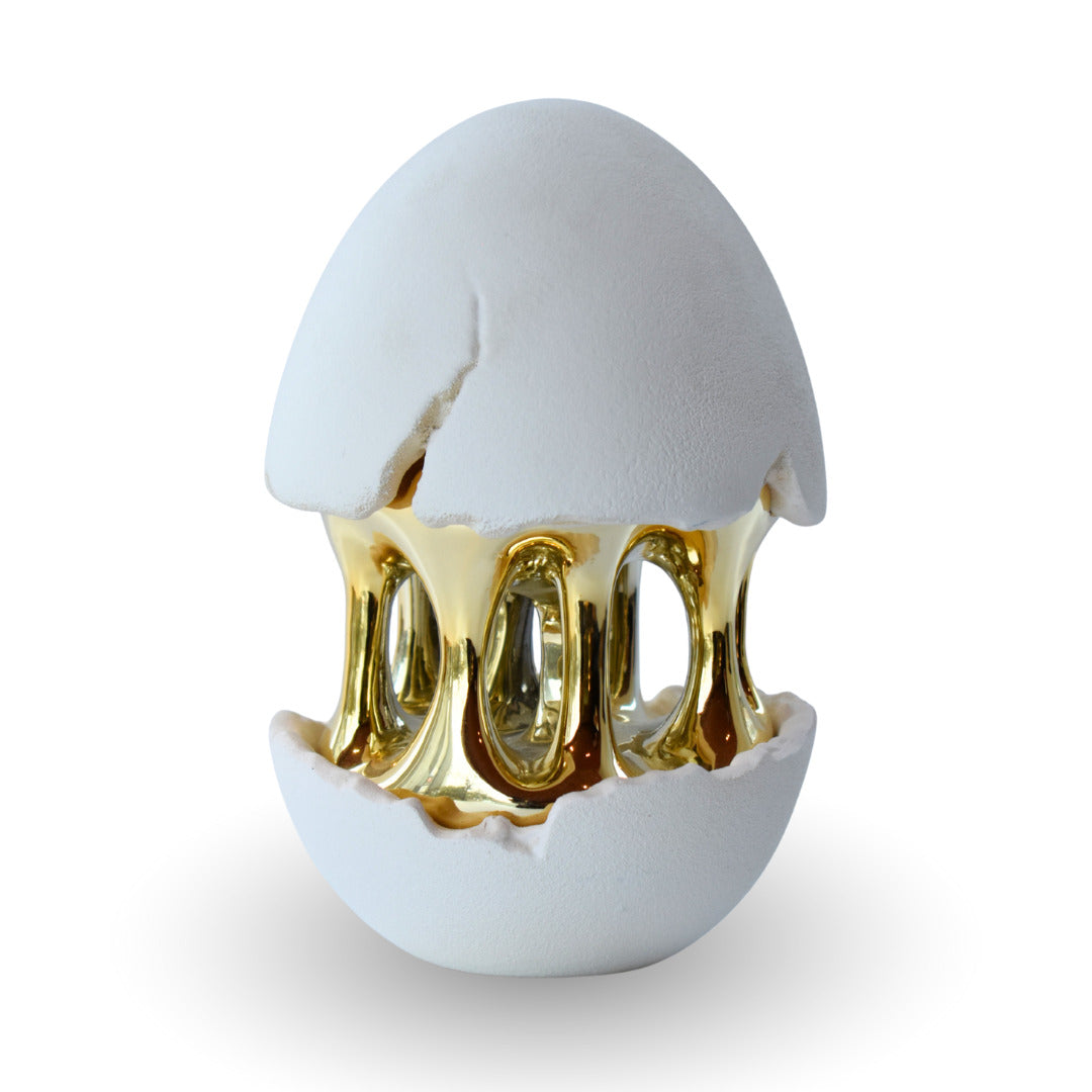 Golden hatch sculpture white polyresin sculpture with gold interior for modern home decor