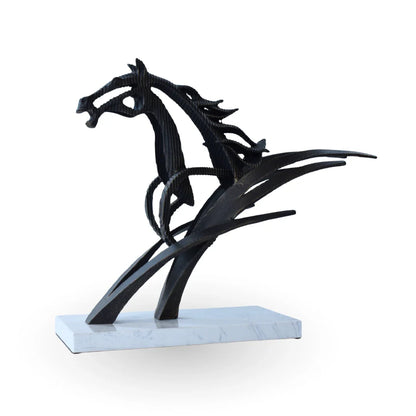 Ironwind horse sculpture black metal marble sculpture for modern home decor