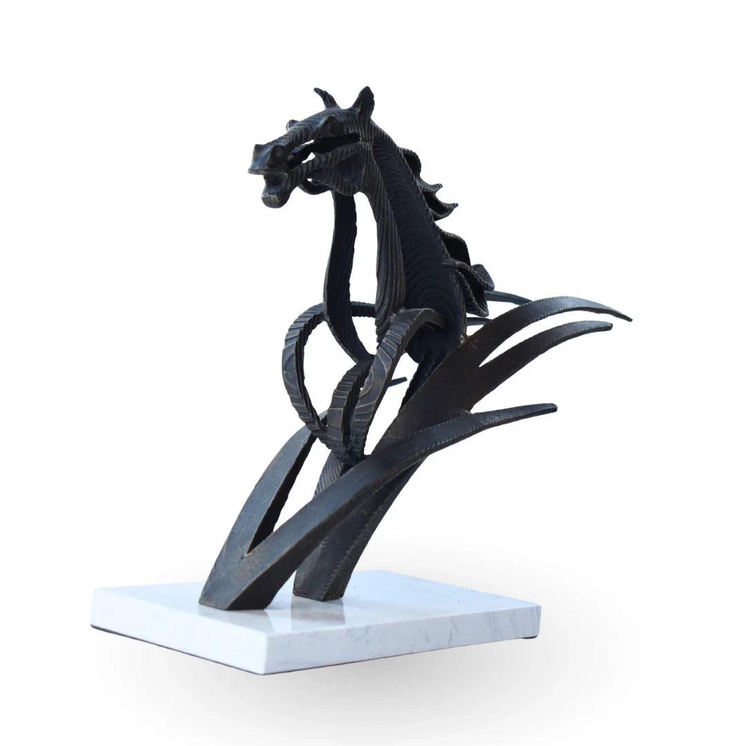 Ironwind horse sculpture black metal marble sculpture for modern home decor