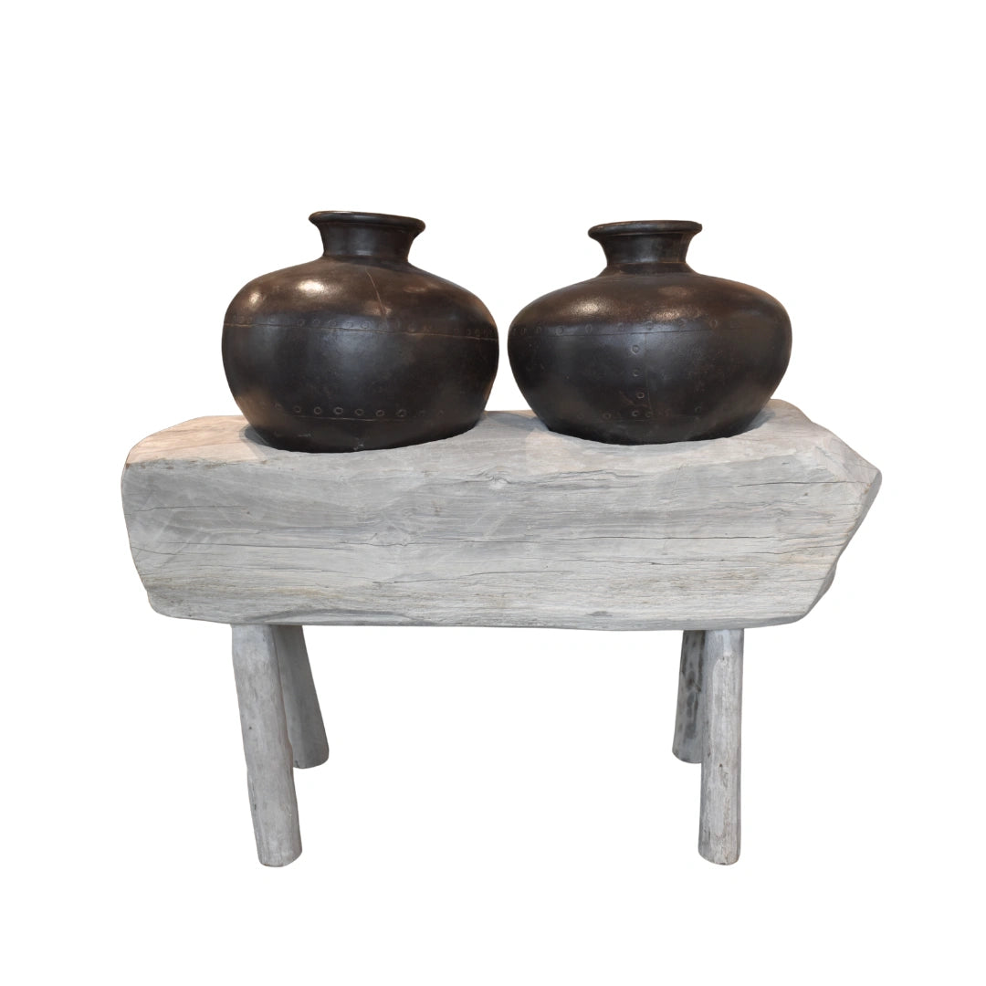 Patio wooden bench with iron pot rustic furniture decor for modern interiors