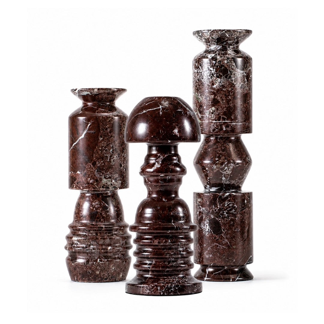 Rosso Levanto Italian marble candle holder with sculptural geometric design for luxury home interiors