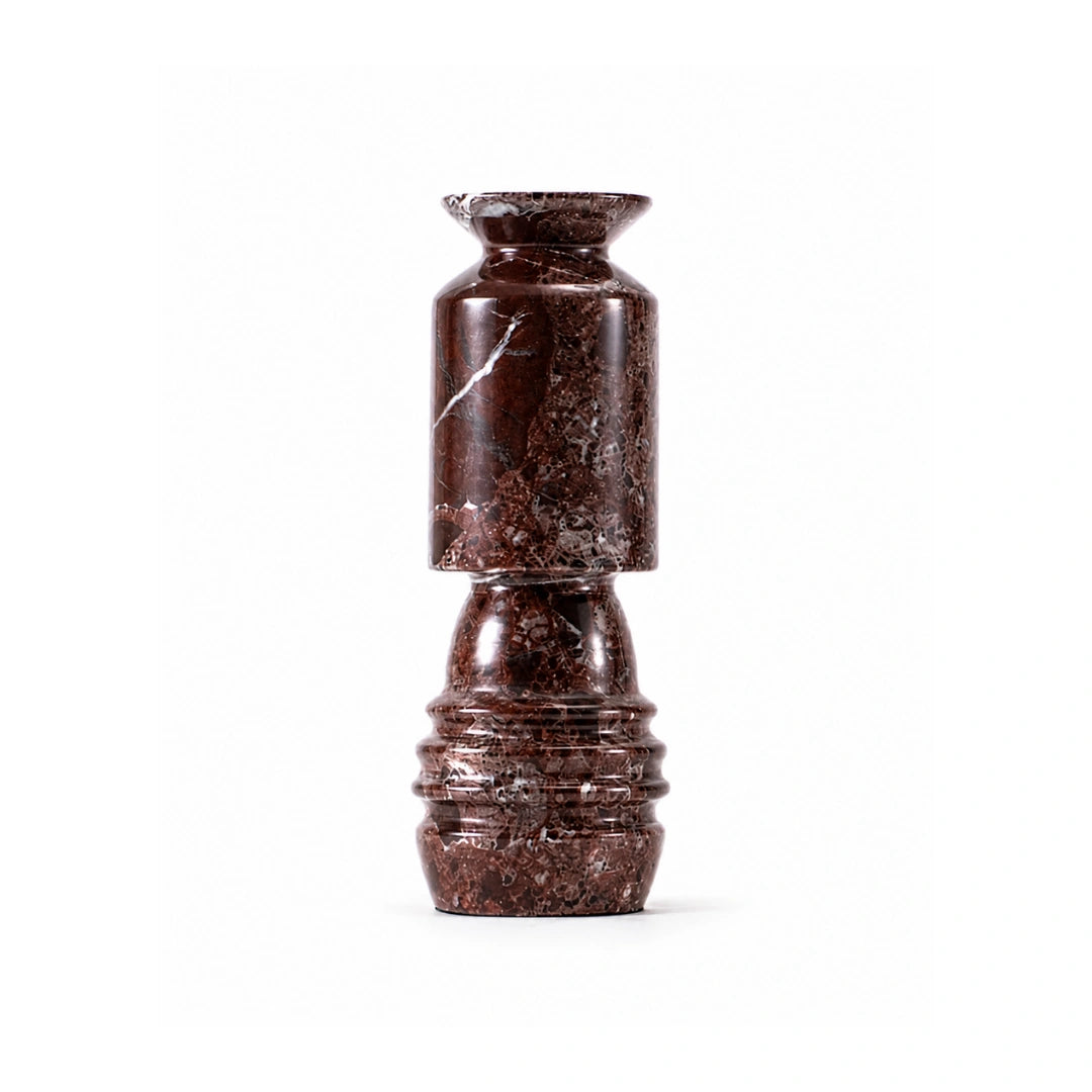 Rosso Levanto Italian marble candle holder with sculptural geometric design for luxury home interiors