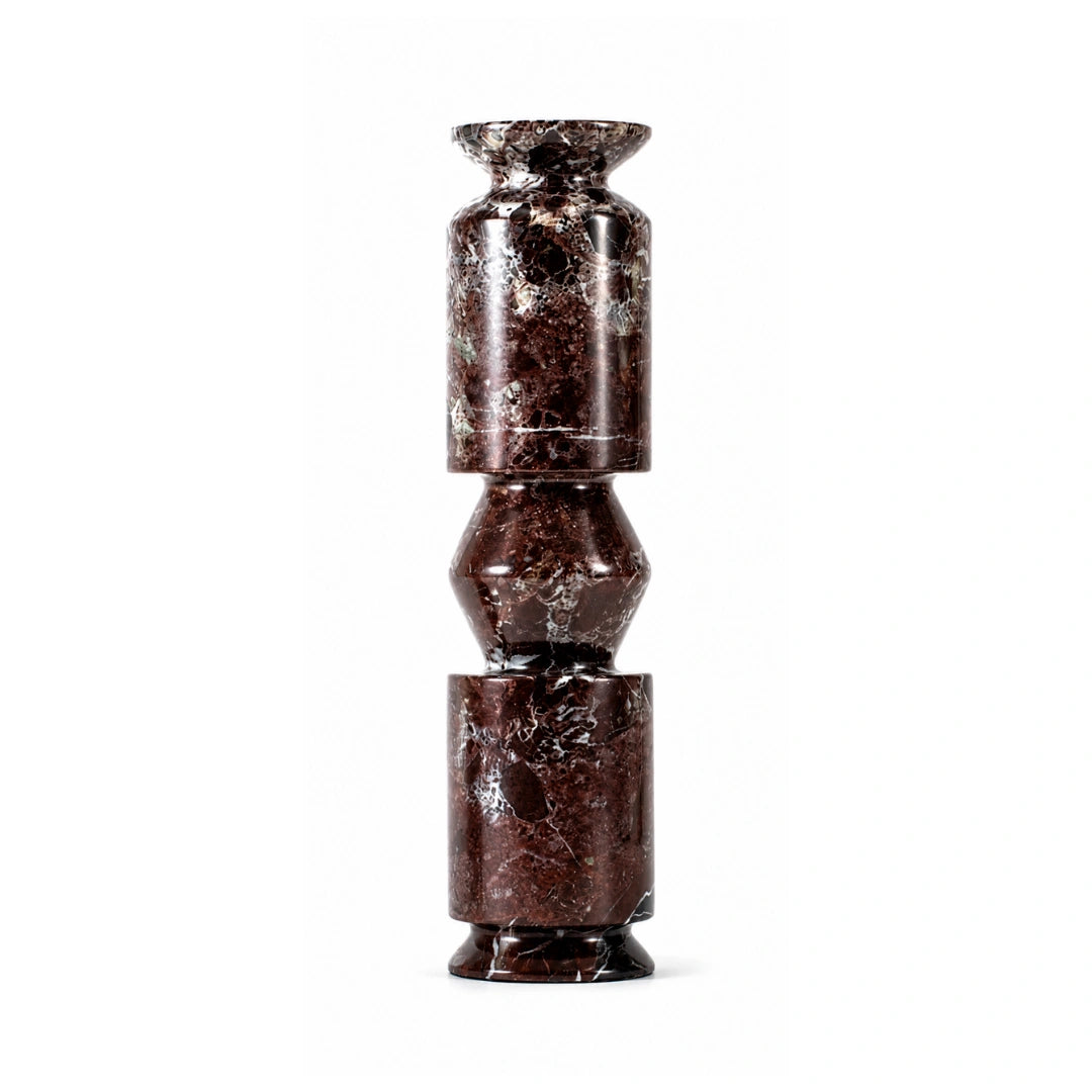Rosso Levanto Italian marble candle holder with sculptural geometric design for luxury home interiors
