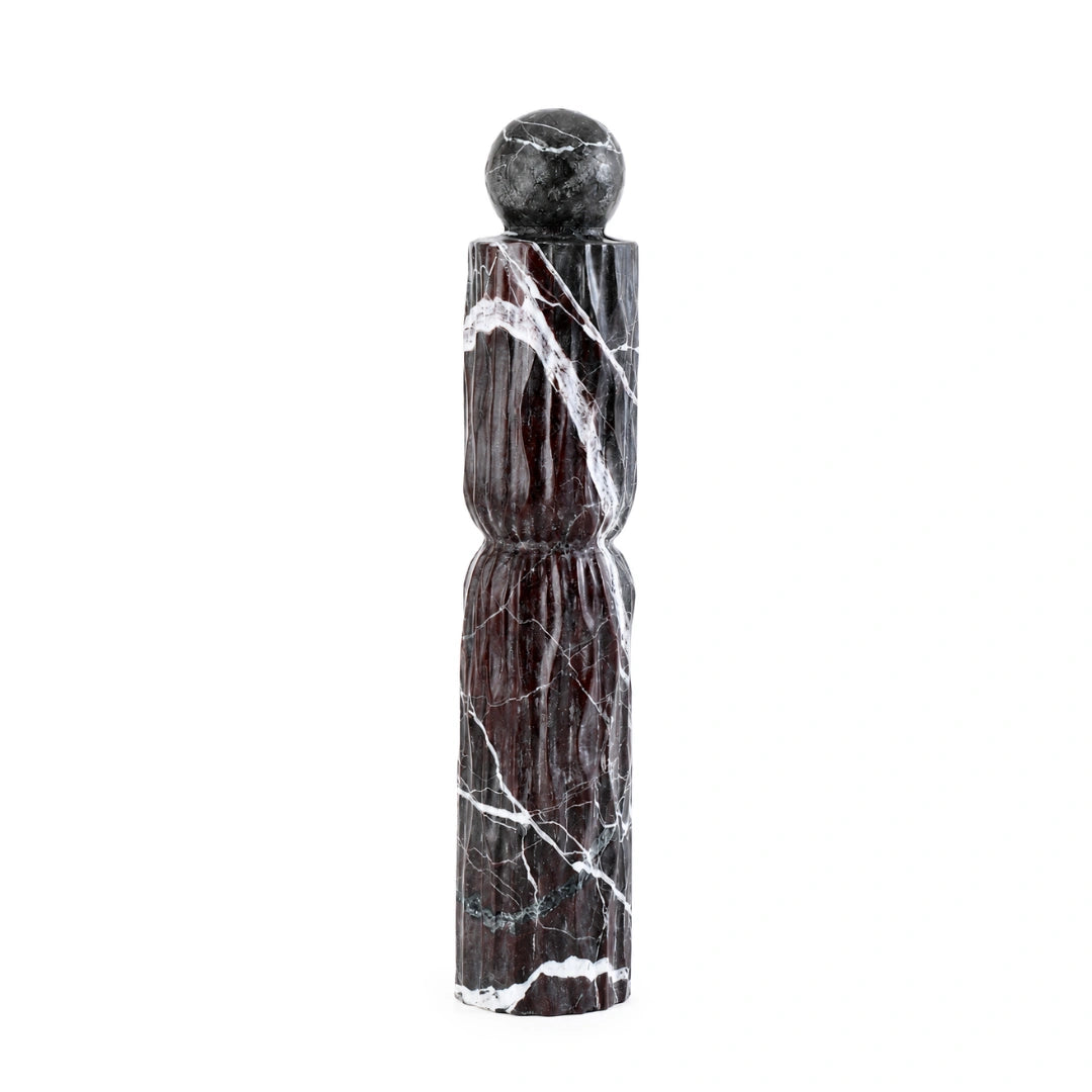 Rosso Levanto Italian marble sculpture with spherical accent for luxury contemporary home interiors