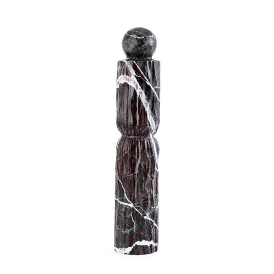 Rosso Levanto Italian marble sculpture with spherical accent for luxury contemporary home interiors