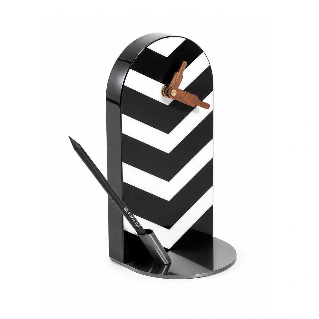 Stark Equine contemporary table clock with geometric black and white design